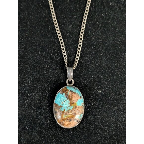 Sterling Silver Turquoise Pendant Necklace 20" Chain 925 Mex - Picture 1 of 12